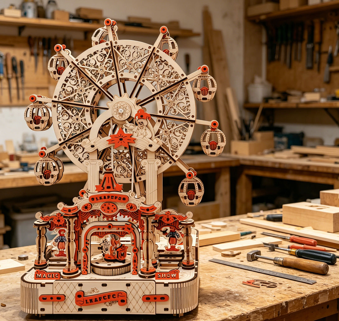 DIY Ferris Wheel 3D Wooden Puz - đánh giá và giá Music Box Wooden 3D Puzzle Rotating