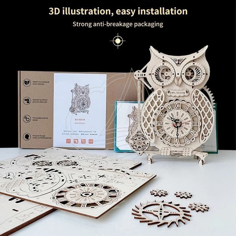 3D Wooden Owl Clock Puzzle DIY - đánh giá và giá Wooden Clock Puzzle Mechanical Pendulum