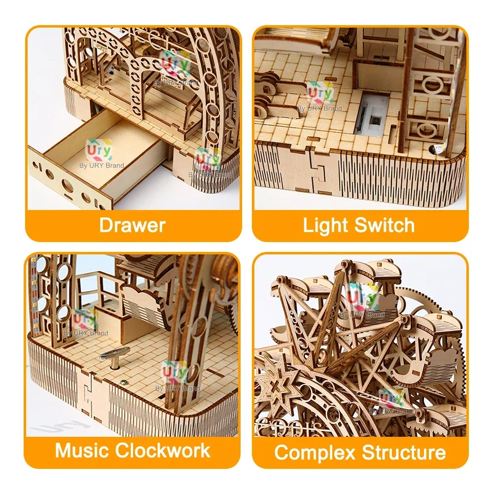 Ury 3D Wooden Puzzles Led Hand - đánh giá và giá Music Box Wooden 3D Puzzle Rotating